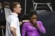 July 8, 2016; San Jose, CA, USA; Gabby Douglas (right), from Tarzana, CA, reacts with coach Christian Gallardo (left) after the balance beam in the women's gymnastics U.S. Olympic team trials at SAP Center. Mandatory Credit: Kyle Terada-USA TODAY Sports