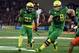 CORVALLIS, OR - NOVEMBER 29: As offensive lineman Cameron Hunt #78 of the Oregon Ducks leads the way, running back Royce Freeman #21 of the Oregon Ducks runs the ball for a touchdown during the second of the game against the Oregon State Beavers at Reser