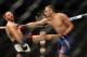 Jul 13, 2016; Sioux Falls, SD, USA; Tony Ferguson (red gloves) fights against Lando Vannata (blue gloves) during UFC Fight Night at Denny Sanford Premier Center. Mandatory Credit: Brad Rempel-USA TODAY Sports