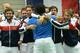 Captain of French Davis Cup team Yannick Noah (C) celebrates with teammates after Jo-Wilfried Tsonga of France won over Jiri Vesely of Czech Republic at the Davis Cup quarter-final match Czech Republic vs France on July 17, 2016 in Trinec. / AFP / Michal