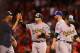 CINCINNATI, OH - JULY 14: American League All-Star David Price #14 of the Detroit Tigers, American League All-Star Sonny Gray #54 of the Oakland Athletics, and American League All-Star Stephen Vogt #21 of the Oakland Athletics celebrate after defeating t