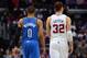 LOS ANGELES, CA - JANUARY 22: Russell Westbrook #0 of the Oklahoma City Thunder and Blake Griffin #32 of the Los Angeles Clippers walk to center court during a 109-97 Thunder win at Staples Center on January 22, 2013 in Los Angeles, California. NOTE TO