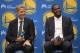 OAKLAND, CA - JULY 07: (L-R) Head coach Steve Kerr of the Golden State Warriors sits with Kevin Durant while they speak to the media during the press conference where Durant was introduced as a Golden State Warrior after they signed him as a free agent o