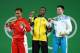RIO DE JANEIRO, BRAZIL - AUGUST 08: (L-R) Silver medalist Eko Yuli Irawan of Indonesia, gold medalist Oscar Albeiro Figueroa Mosquera of Colombia and bronze medalist Farkhad Kharki of Kazakhstan pose on the podium during the medal ceremony for the Men's