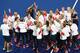 RIO DE JANEIRO, BRAZIL - AUGUST 19: Team Great Britain celebrate after defeating Netherlands in the Women's Gold Medal Match on Day 14 of the Rio 2016 Olympic Games at the Olympic Hockey Centre on August 19, 2016 in Rio de Janeiro, Brazil. (Photo by Mar