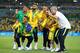 RIO DE JANEIRO, BRAZIL - AUGUST 20: Marquinhos of Brazil, Gabriel Jesus of Brazil, Gabriel Barbosa of Brazil, Luan of Brazil and Neymar of Brazil celebrate following the Men's Football Final between Brazil and Germany at the Maracana Stadium on Day 15 of