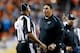 SANTA CLARA, CA - FEBRUARY 07: Head coach Ron Rivera of the Carolina Panthers talks with an official in the third quarter against the Denver Broncos during Super Bowl 50 at Levi's Stadium on February 7, 2016 in Santa Clara, California. (Photo by Ezra Sh