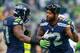 SEATTLE, WA - DECEMBER 20: Defensive end Michael Bennett #72 (R) of the Seattle Seahawks sports a Darth Vader mask as he is greeted by linebacker Bruce Irvin #51 during introductions prior to the game against the Cleveland Browns at CenturyLink Field on