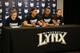 MINNEAPOLIS, MN - JULY 9: Lindsay Whalen #13, Maya Moore #23, Rebekkah Brunson #32, and Seimone Augustus #33 of the Minnesota Lynx attend a press conference before the game against the Dallas Wings on July 9, 2016 at Target Center in Minneapolis, Minneso