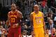 LOS ANGELES, CA - MARCH 10: LeBron James #23 of the Cleveland Cavaliers and Kobe Bryant #24 of the Los Angeles Lakers stand on the court during the game at STAPLES Center on March 10, 2016 in Los Angeles, California. NOTE TO USER: User expressly acknowle