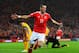CARDIFF, WALES - SEPTEMBER 05: Gareth Bale of Wales celebrates scoring his sides third goal during the 2018 FIFA World Cup Qualifier Group D match between Wales and Moldova at Cardiff City Stadium on September 5, 2016 in Cardiff, Wales. (Photo by Stu Fo