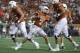 AUSTIN, TX - SEPTEMBER 04: Shane Buechele #7 of the Texas Longhorns celebrates with teammates after a second quarter touchdown against the Notre Dame Fighting Irish at Darrell K. Royal-Texas Memorial Stadium on September 4, 2016 in Austin, Texas. (Photo