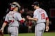 Aug 2, 2016; Phoenix, AZ, USA; Washington Nationals relief pitcher Matt Belisle (18) celebrates with catcher Wilson Ramos (40) after beating the Arizona Diamondbacks 10-4 at Chase Field. Mandatory Credit: Matt Kartozian-USA TODAY Sports