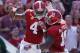 TUSCALOOSA, AL - SEPTEMBER 10: Eddie Jackson #4 of the Alabama Crimson Tide reacts with Reuben Foster #10 after returning an interception for a touchdown against the Western Kentucky Hilltoppers at Bryant-Denny Stadium on September 10, 2016 in Tuscaloosa