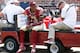 TALLAHASSEE, FL - SEPTEMBER 10: Safety Derwin James #3 of the Florida State Seminoles is carted off the field after hurting his knee during the game against the Charleston Southern Buccaneers at Doak Campbell Stadium on Bobby Bowden Field on September 10,