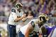 MINNEAPOLIS, MN - SEPTEMBER 1: Jared Goff #16 of the Los Angeles Rams calls a play at the looks on against the Minnesota Vikings during the game on September 1, 2016 at US Bank Stadium in Minneapolis, Minnesota. The Vikings defeated the Rams 27-25. (Photo