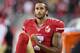 SANTA CLARA, CA - SEPTEMBER 12: Colin Kaepernick #7 of the San Francisco 49ers looks on from the sidelines against the Los Angeles Rams in the second half of their NFL game at Levi's Stadium on September 12, 2016 in Santa Clara, California. (Photo by Th