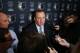 MINNEAPOLIS, MN - APRIL26: Tom Thibodeau, President of Basketball Operations and Head Coach of the Minnesota Timberwolves speaks to the media on April 26, 2016 at Target Center in Minneapolis, Minnesota. NOTE TO USER: User expressly acknowledges and agr