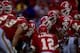 20 Sep 1998: Quarterback Rich Gannon #12 of the Kansas City Chiefs huddles with teammates during the game against the San Diego Chargers at Arrowhead Stadium in Kansas City, Missouri. The Chiefs defeated the Chargers 23-7.Dunn /Allsport
