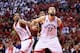 TORONTO, ON - MAY 27: Jonas Valanciunas #17 and DeMar DeRozan #10 of the Toronto Raptors look to rebound against Tristan Thompson #13 of the Cleveland Cavaliers in the first half in game six of the Eastern Conference Finals during the 2016 NBA Playoffs a