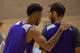 ISLA VISTA, CA - SEPTEMBER 30: D'Angelo Russell #1 and Jose Calderon #5 of the Los Angeles Lakers talk during team practice at Robertson Gymnasium on the campus of University of California Santa Barbra on September 30, 2016 in El Segundo, California. NOT