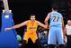 Ontario, CA - OCTOBER 9: Larry Nance Jr. #7 of the Los Angeles Lakers plays defense against the Denver Nuggets during a preseason game on October 9, 2016 at Citizens Business Bank Arena in Ontario, California. NOTE TO USER: User expressly acknowledges an
