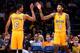 Ontario, CA - OCTOBER 9: Brandon Ingram #14 and Jordan Clarkson #6 of the Los Angeles Lakers high-five against the Denver Nuggets during a preseason game on October 9, 2016 at Citizens Business Bank Arena in Ontario, California. NOTE TO USER: User expres