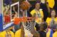 OAKLAND, CA - JUNE 19: LeBron James #23 of the Cleveland Cavaliers blocks a shot against Andre Iguodala #9 of the Golden State Warriors during Game Seven of the 2016 NBA Finals on June 19, 2016 at ORALCE Arena in Oakland, California. NOTE TO USER: User e
