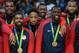 RIO DE JANEIRO, BRAZIL - AUGUST 21: Kevin Durant #5 , Kyrie Irving #10, DeMar DeRozan #9, Harrison Barnes #8, Draymond Green #14 and Paul George #13 of the USA celebrate after winning the Men's Gold medal game between Serbia and the USA on Day 16 of the R