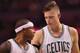 BOSTON, MA - OCTOBER 17: Jonas Jerebko #8 of the Boston Celtics talks with Isaiah Thomas #4 during the second quarter of the preseason game against the Brooklyn Nets at TD Garden on October 17, 2016 in Boston, Massachusetts. NOTE TO USER: User expressly