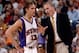 PHOENIX - MAY 24: Head Coach Mike D'Antoni and Steve Nash #13 of the Phoenix Suns talk in Game two of the Western Conference Finals with the San Antonio Spurs during the 2005 NBA Playoffs on May 24 2005 at America West Arena in Phoenix, Arizona. The Spur