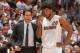 MIAMI,FL - APRIL 27: Head Coach Erik Spoelstra and Justise Winslow #20 of the Miami Heat talk things over against the Charlotte Hornets during the Eastern Conference playoffs First Round Game Five on April 27, 2016 at the American Airlines Arena in Miami