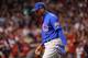 CLEVELAND, OH - NOVEMBER 01: Aroldis Chapman #54 of the Chicago Cubs walks back to the dugout after forcing out Francisco Lindor #12 of the Cleveland Indians (not pictured) at first base to end the seventh inning in Game Six of the 2016 World Series at P