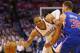 OKLAHOMA CITY, OK - MAY 13: Russell Westbrook #0 of the Oklahoma City Thunder dribbles the ball against Blake Griffin #32 of the Los Angeles Clippers in Game Five of the Western Conference Semifinals during the 2014 NBA Playoffs at Chesapeake Energy Aren