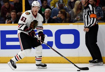 NASHVILLE, TN - OCTOBER 14:  Brian Campbell #51 of the Chicago Blackhawks against the Nashville Predators at Bridgestone Arena on October 14, 2016 in Nashville, Tennessee.  (Photo by Sanford Myers/Getty Images) *** Local Caption ***Brian Campbell 'n'n