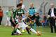 Petagna battles for Atalanta. Gasperini looks on.