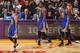 LOS ANGELES, CA - NOVEMBER 4: Stephen Curry #30, Kevin Durant #35 and Draymond Green #23 of the Golden State Warriors walk on the court during the game against the Los Angeles Lakers on November 4, 2016 at STAPLES Center in Los Angeles, California. NOTE