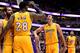 ANAHEIM, CA - OCTOBER 04: Larry Nance Jr. #7 of the Los Angeles Lakers celebrates a play with Jose Calderon #5 and Tarik Black #28 during a preseason game against the Sacramento Kings at Honda Center on October 4, 2016 in Anaheim, California. NOTE TO US