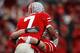 COLUMBUS, OH - NOVEMBER 18: Ted Ginn Jr. of the Ohio State Buckeyes celebrates his 39-yard touchdown with Rory Nicol #88 in the second quarter against the Michigan Wolverines November 18, 2006 at Ohio Stadium in Columbus, Ohio. The touchdown gave the Buc