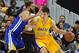 LAS VEGAS, NV - OCTOBER 15: Ivica Zubac #40 of the Los Angeles Lakers is guarded by JaVale McGee #1 of the Golden State Warriors during their preseason game at T-Mobile Arena on October 15, 2016 in Las Vegas, Nevada. Golden State won 112-107. NOTE TO USE