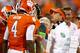 CLEMSON, SC - SEPTEMBER 27: Deshaun Watson #4 of the Clemson Tigers talks with Offensive Coordinator Chad Morris during the game against the North Carolina Tar Heels at Memorial Stadium on September 27, 2014 in Clemson, South Carolina. (Photo by Tyler Smi
