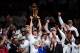 Dirk Nowitzki (C) of the Dallas Mavericks celebrates with teammates after winning the NBA Finals against the Miami Heat on June 12, 2011 at the AmericanAirlines Arena in Miami, Florida. Jason Terry scored 27 points and Nowitzki finished with 21 points an