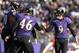 BALTIMORE, MD - NOVEMBER 24: Kicker Justin Tucker #9 of the Baltimore Ravens celebrates with long snapper Morgan Cox #46 of the Baltimore Ravens after kicking a field goal against the New York Jets in the first quarter at M&T Bank Stadium on November 24,