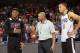 IRVINE, CA - OCTOBER 1: Diamond Stone #0, Doc Rivers and Brice Johnson #10 of the Los Angeles Clippers talk to the crowd during a team practice at Bren Event Center on the campus of University of California Irvine on October 1, 2016 in Irvine, California
