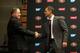 SANTA CLARA, CA - JANUARY 20: Chip Kelly and San Francisco 49ers general manager Trent Baalke shake hands at a press conference where Kelly was announced as the new head coach of the San Francisco 49ers at Levi's Stadium on January 20, 2016 in Santa Clar