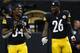 NEW ORLEANS, LA - AUGUST 26: DeAngelo Williams #34 of the Pittsburgh Steelers and Le'Veon Bell #26 talk before a game at the Mercedes-Benz Superdome on August 26, 2016 in New Orleans, Louisiana. (Photo by Jonathan Bachman/Getty Images)