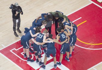 COLLEGE PARK, MD - DECEMBER 29:  The Connecticut Huskies huddle before a women's college basketball game against the Maryland Terrapins at the XFinity Center on December 29, 2016 in College Park, Maryland.  The Huskies won 87-81.  (Photo by Mitchell Layto