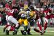 ATLANTA, GA - JANUARY 22: Aaron Ripkowski #22 of the Green Bay Packers fumbles the ball in the second quarter after contact with Jalen Collins #32 of the Atlanta Falcons in the NFC Championship Game at the Georgia Dome on January 22, 2017 in Atlanta, Geo