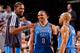 PORTLAND, OR - APRIL 12: Oklahoma City Thunder players Kevin Durant #35, Russell Westbrook #0 and Derek Fisher #6 share a laugh during a game against the Portland Trail Blazers on April 12, 2013 at the Rose Garden Arena in Portland, Oregon. NOTE TO USER: