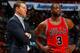 ATLANTA, GA - NOVEMBER 09: Fred Hoiberg of the Chicago Bulls and Dwyane Wade #3 converse during the game against the Atlanta Hawks at Philips Arena on November 9, 2016 in Atlanta, Georgia. NOTE TO USER User expressly acknowledges and agrees that, by dow
